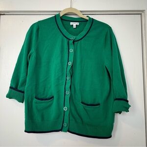 Croft & Barrow Green Sweater with Navy Blue Trim button front women’s XL